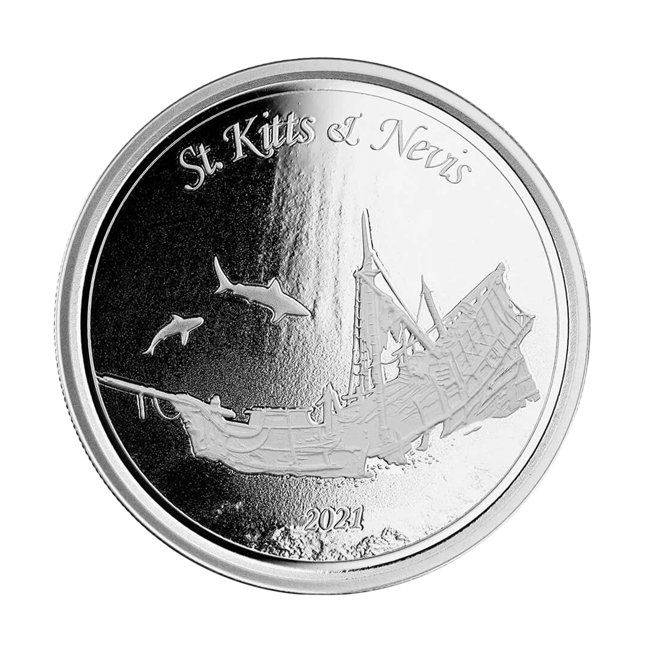 Серебряная монета 2$ Затонувший корабль St. Kitts & Nevis 1oz 2021 года