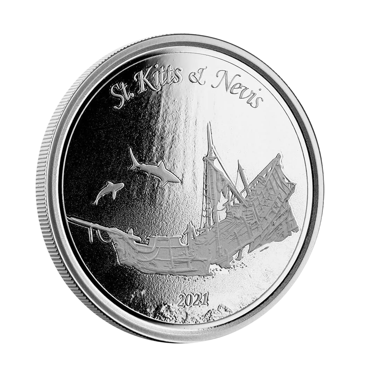Серебряная монета 2$ Затонувший корабль St. Kitts & Nevis 1oz 2021 года