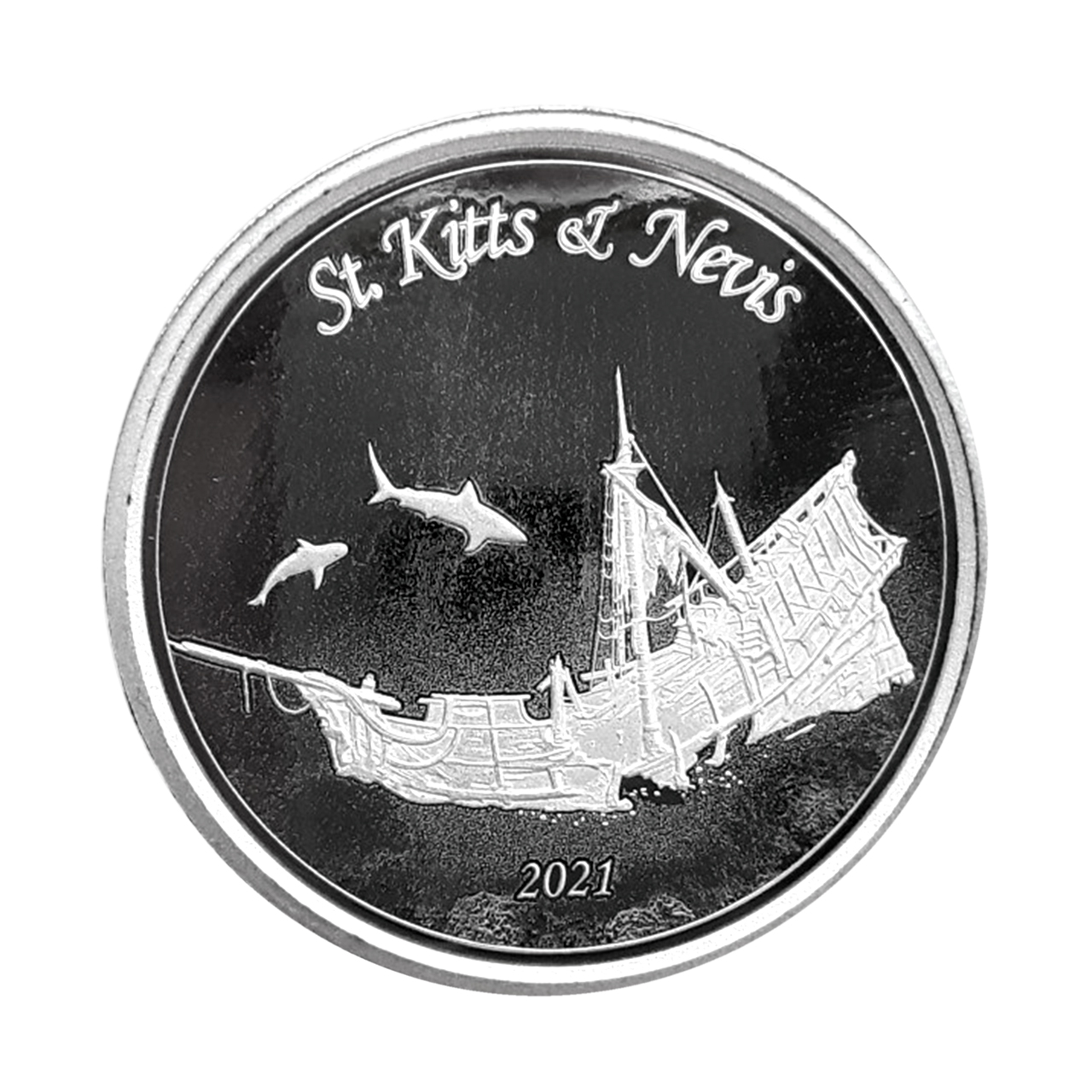 Серебряная монета 2$ Затонувший корабль St. Kitts & Nevis 1oz 2021 года