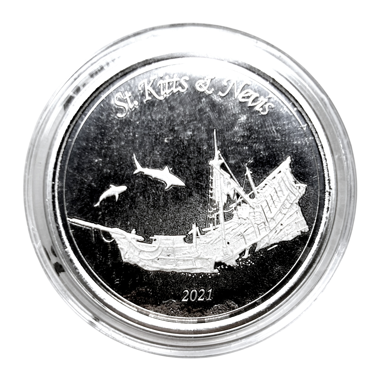 Серебряная монета 2$ Затонувший корабль St. Kitts & Nevis 1oz 2021 года
