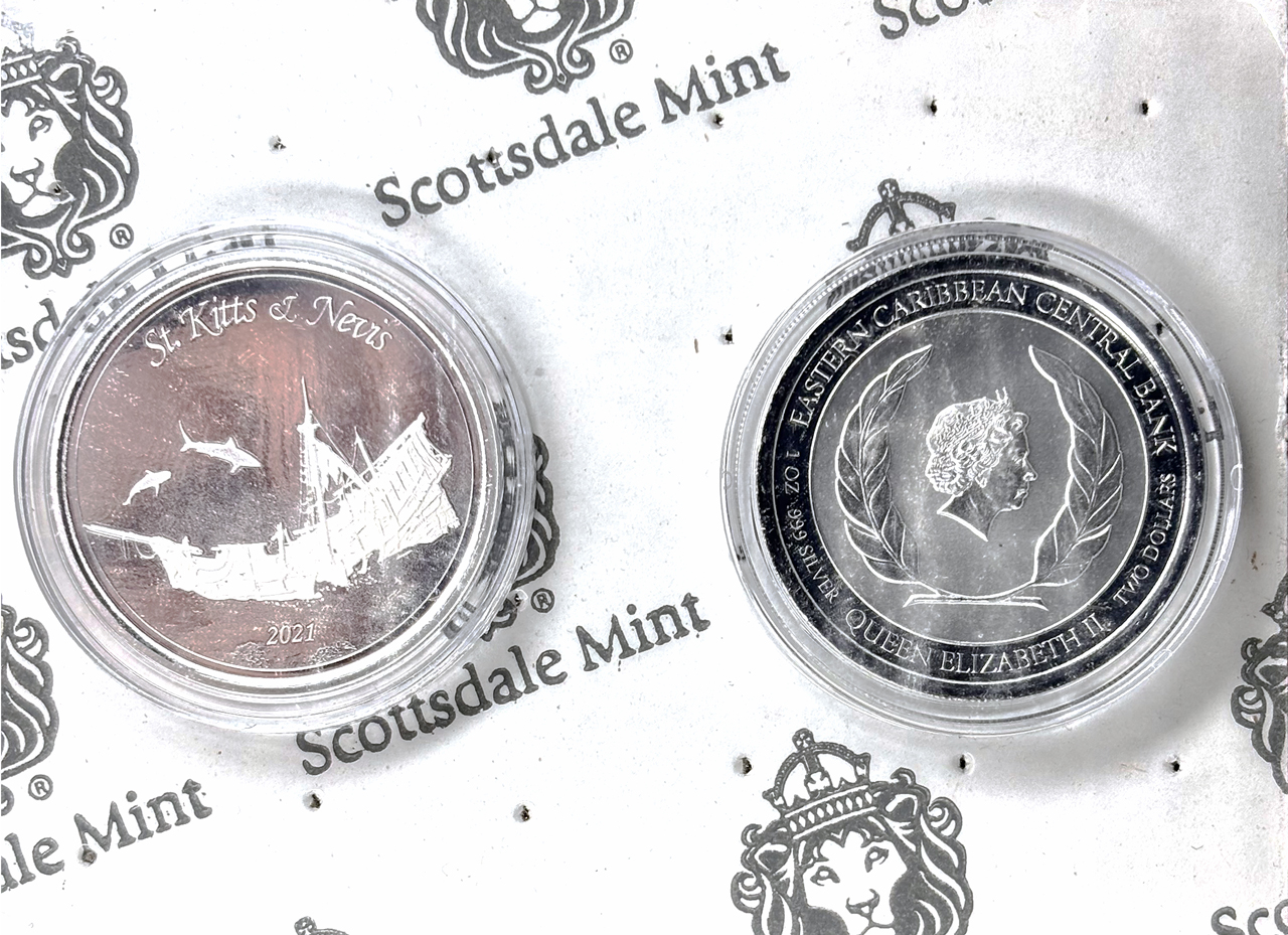 Серебряная монета 2$ Затонувший корабль St. Kitts & Nevis 1oz 2021 года