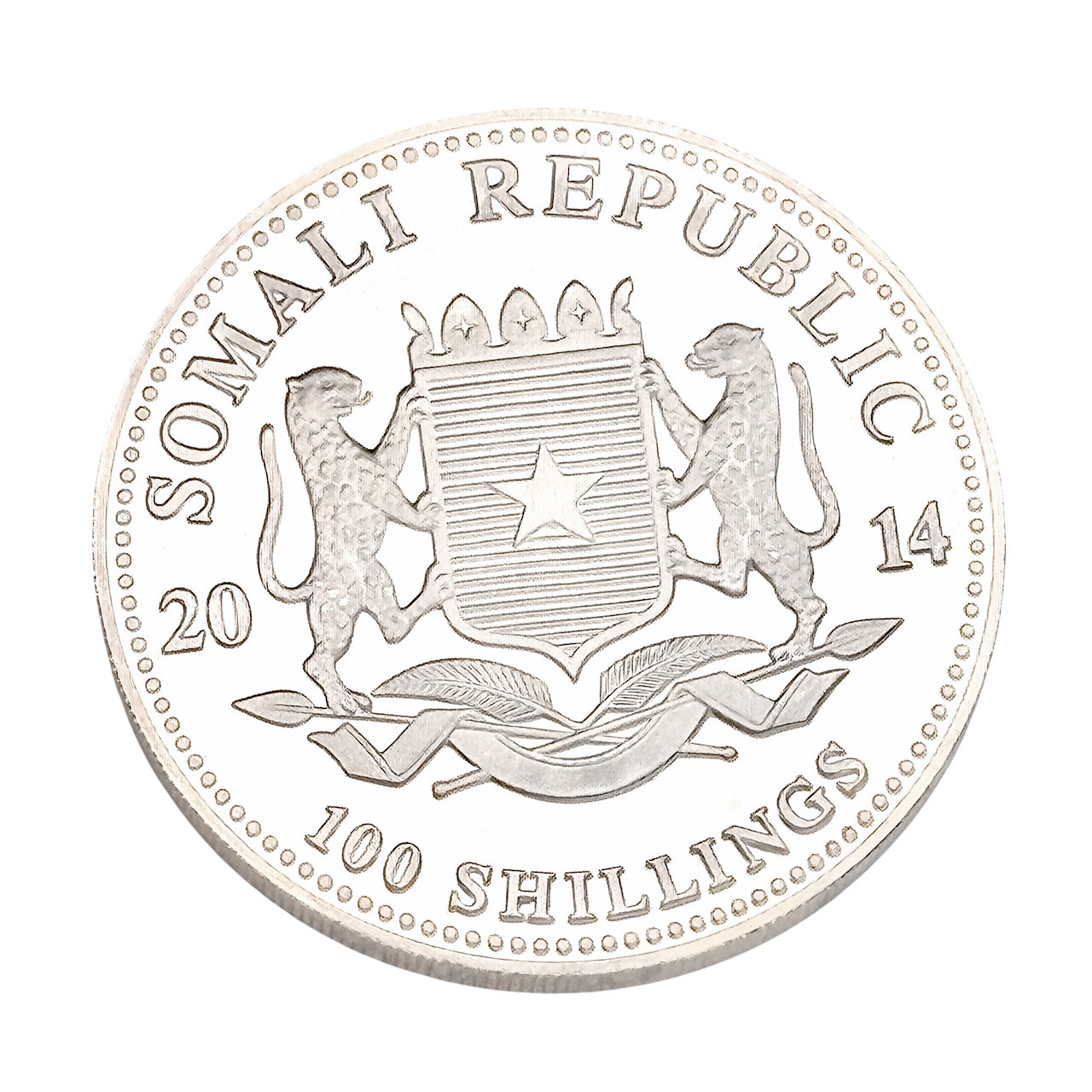 Серебряная монета 100 шиллингов Африканский слон 1oz 2014 Сомали