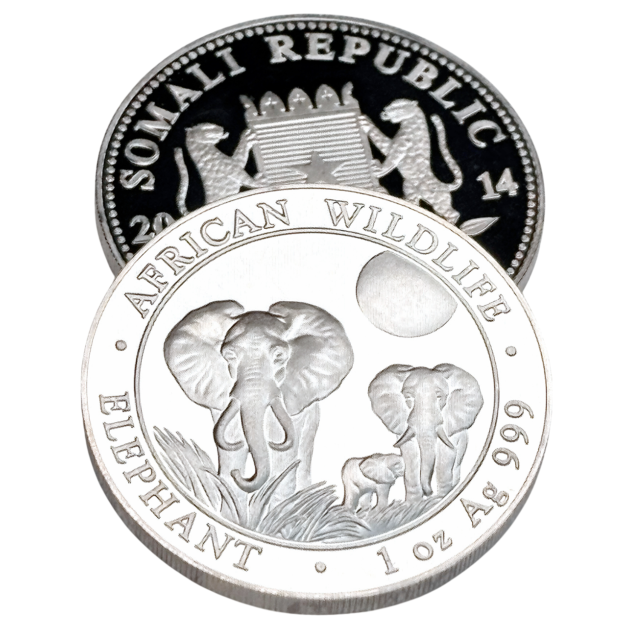 Серебряная монета 100 шиллингов Африканский слон 1oz 2014 Сомали