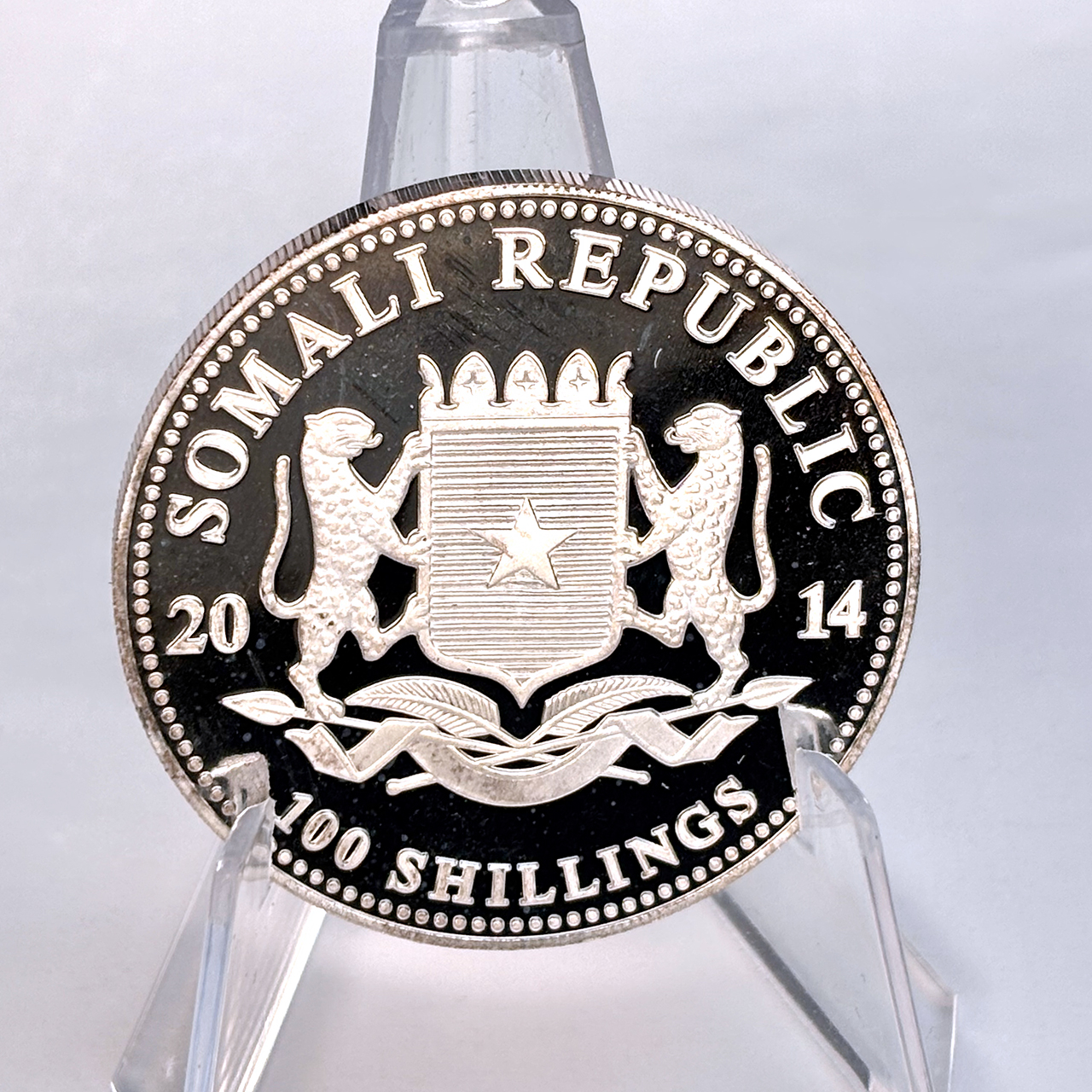 Серебряная монета 100 шиллингов Африканский слон 1oz 2014 Сомали