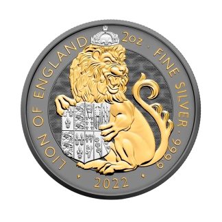 Позолоченная серебряная монета 5£ The Lion of England 2oz 2022 года