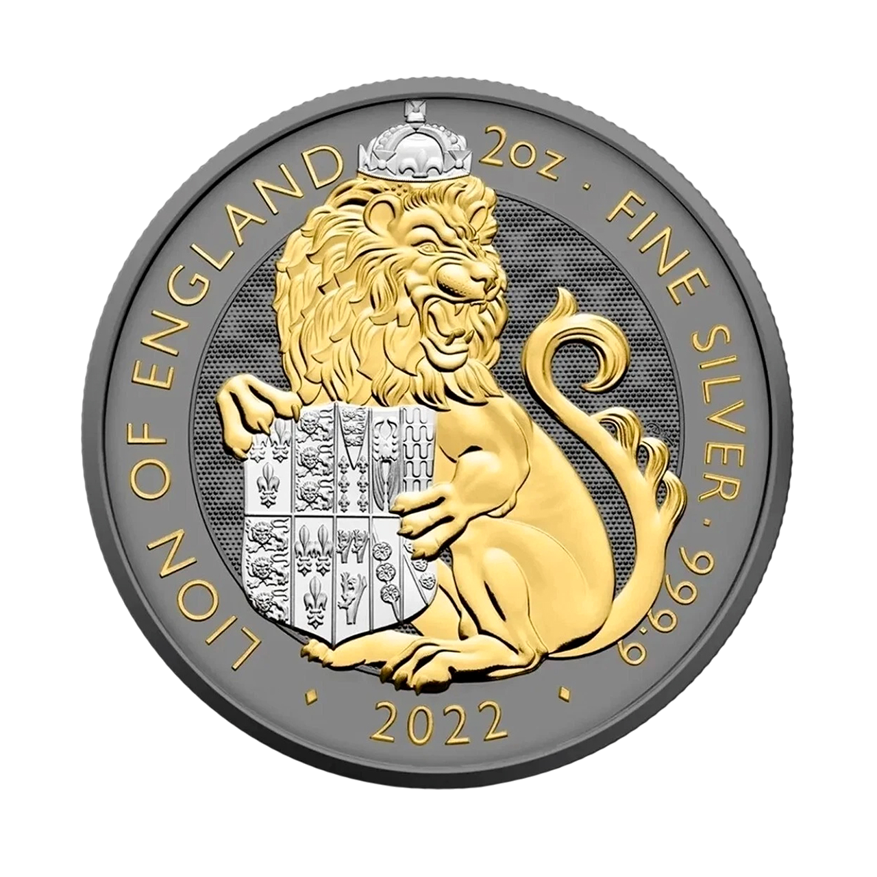 Позолоченная серебряная монета 5£ The Lion of England 2oz 2022 года