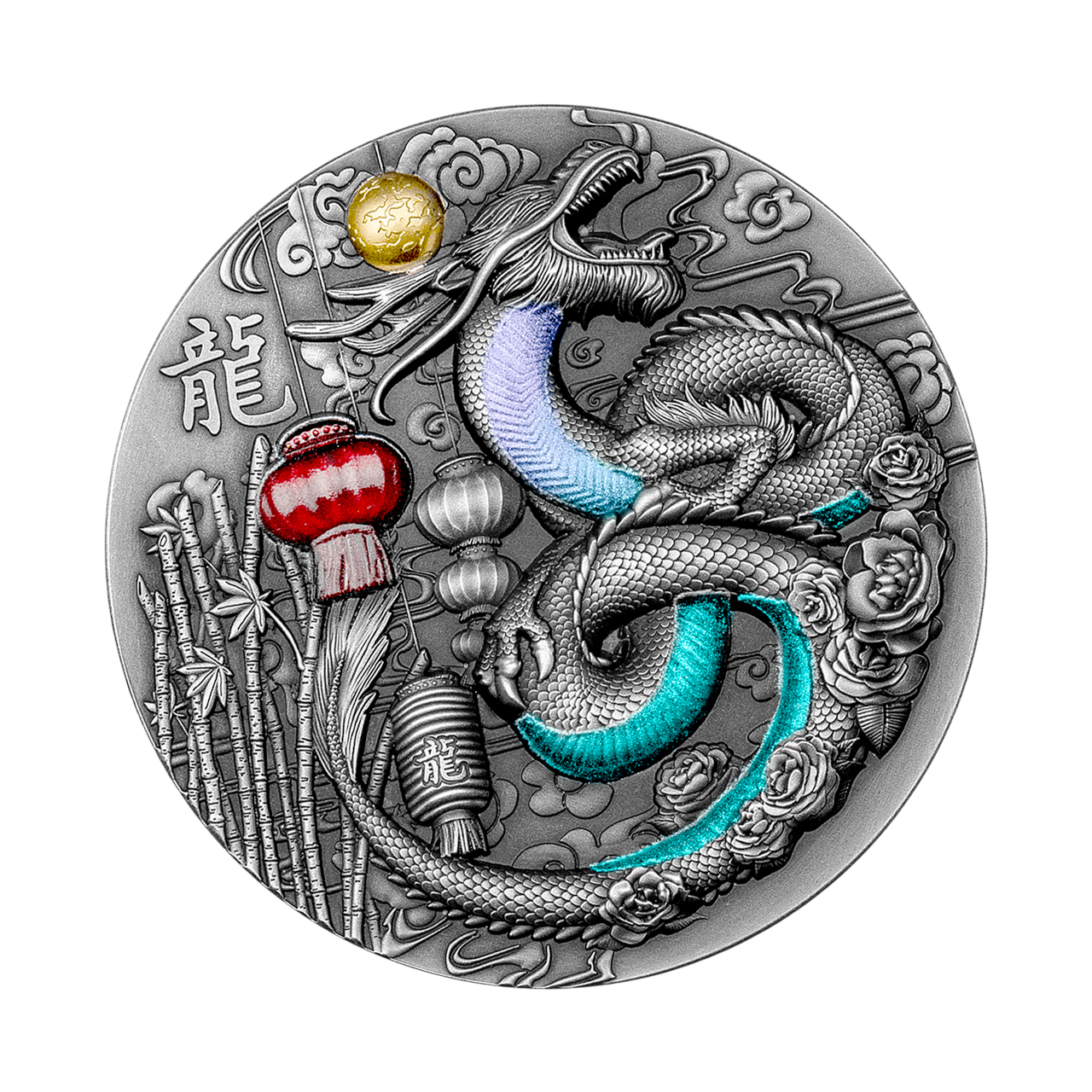 Кольорова срібна монета 2024₣ Year of The Dragon 3oz 2024 Камерун